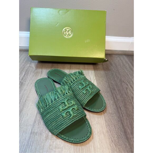 TORY BURCH Eleanor Raffia Double T Slide Sandals In Arugula Size 7 $328 - Picture 5 of 8